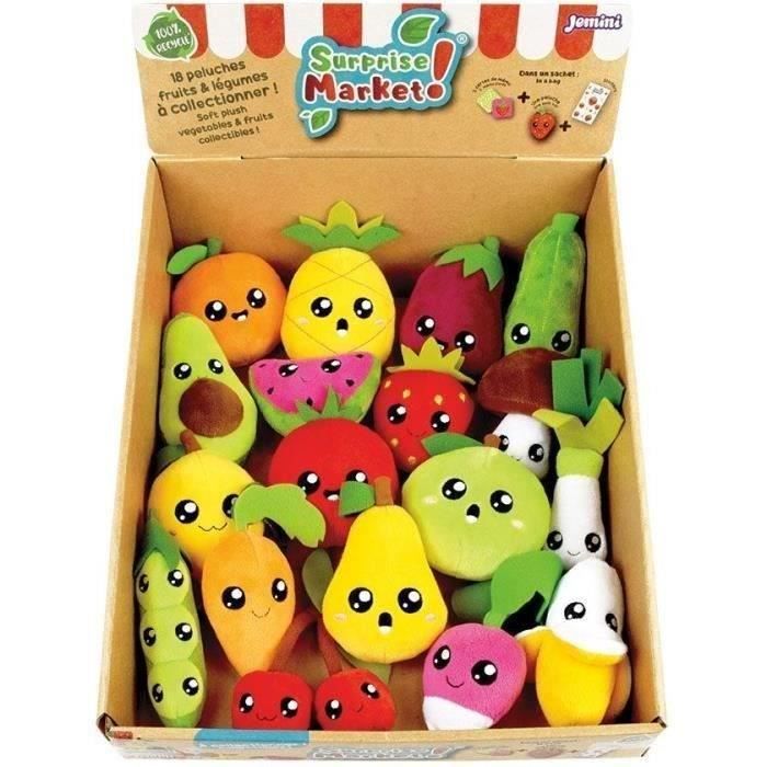 Lot de 18 pochettes surprises - JEMINI - Surprise Market - Peluche fruits ou légumes +/- 10 cm stickers et cartes mémo