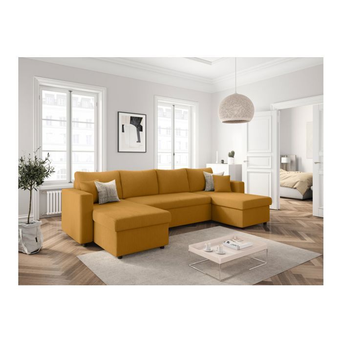 Canapé panoramique 6 places MARIA convertible avec 2 coffres en velours côtelé - Jaune - L295 x P146 x H81cm - LOUNGITUDE Canapé panoramique 6 places MARIA convertible avec 2 coffres en velours côtelé - Jaune - L295 x P146 x H81cm - LOUNGITUDE