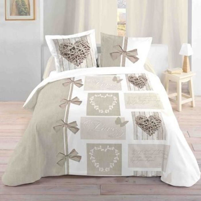 LOVELY CASA Housse de couette 220x240cm + 2 taies - 100% coton - Beige et blanc