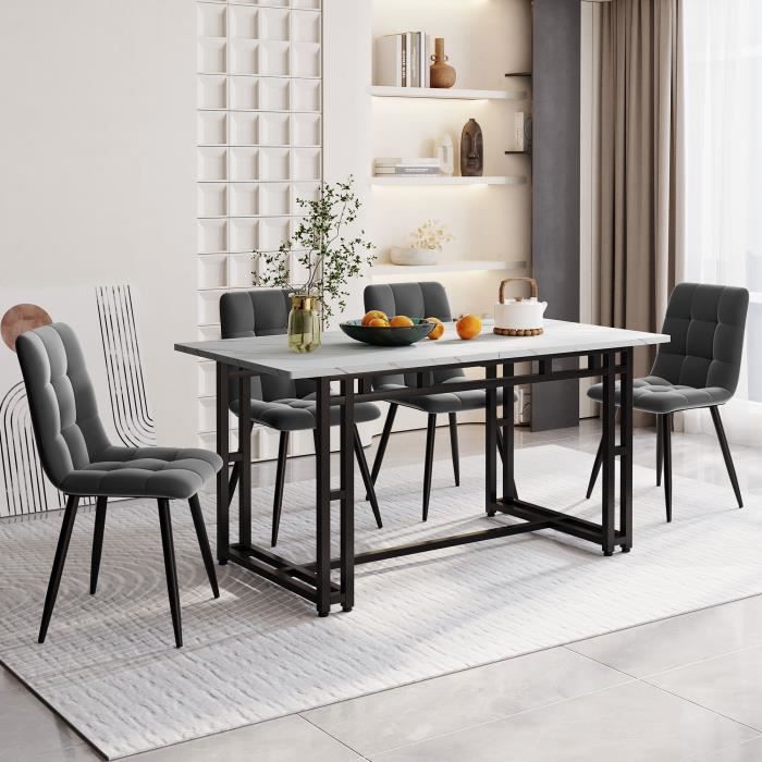 MODERNLUXE Ensemble table et 4 chaises - table noire 140x80cm - structure en métal - chaise en velours gris MODERNLUXE Ensemble table et 4 chaises - table noire 140x80cm - structure en métal - chaise en velours gris