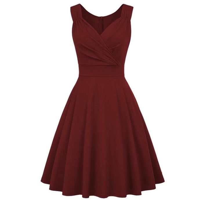 Robe Cocktail Femme Sans Manches Col V Robe de Soiree Vintage Evasee Mi longue Couleur Unie Bordeaux Bordeaux Cdiscount Pret a Porter