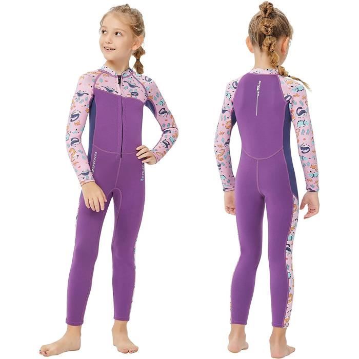 Combinaison de Plongée pour Enfants Maillot de Bain Thermique 3 mm en Néoprène à Manches Longues avec Fermeture clair violet