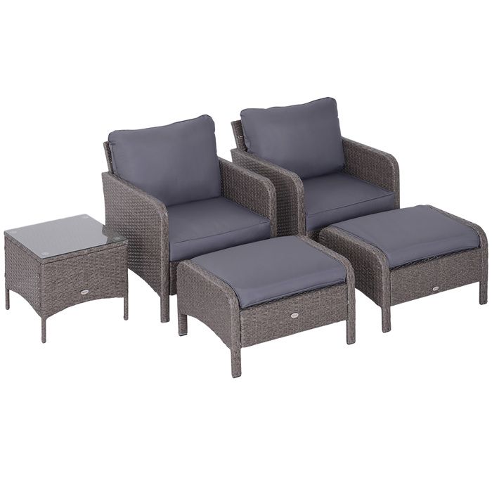 Outsunny Lot de 2 fauteuils de jardin grand confort repose-pied table basse résine tressée imitation rotin coussins gris