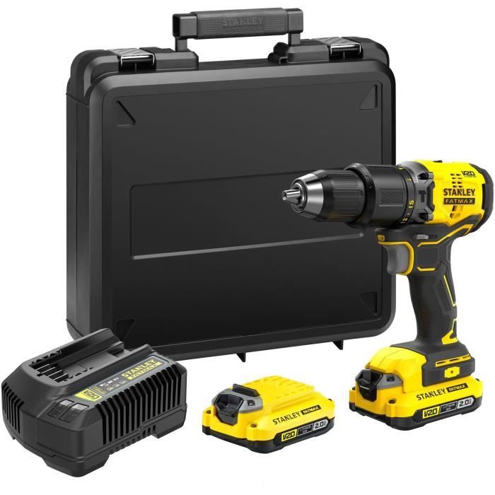 STANLEY FATMAX V20 Perceuse à Percussion Sans Fil 18V Li Ion 60 Nm Moteur Brushless 32 300 cpsmn avec 1 Mallette 2 Batteries 2 Ah 1 Chargeur SFMCD715D2K QW