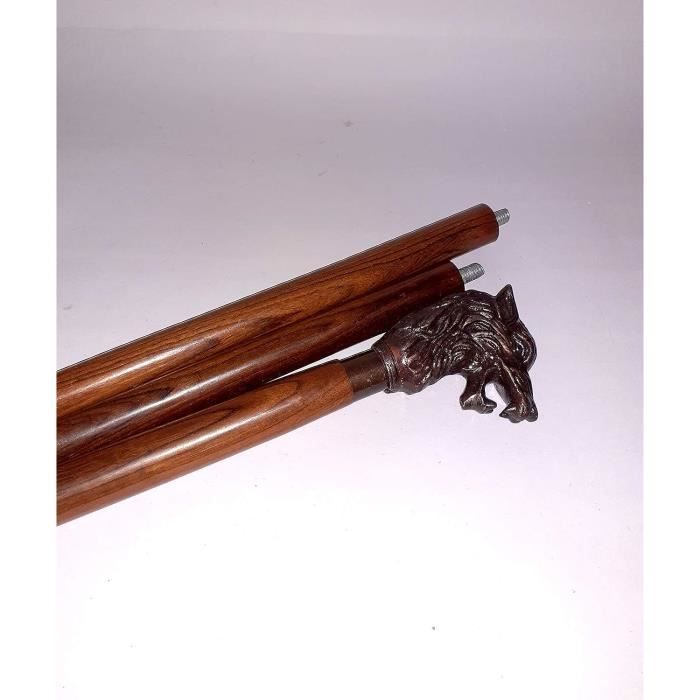 Canne De Marche Homme – Tête De Loup Laiton Brillant – Bois Noir – Reproduction Victorienne