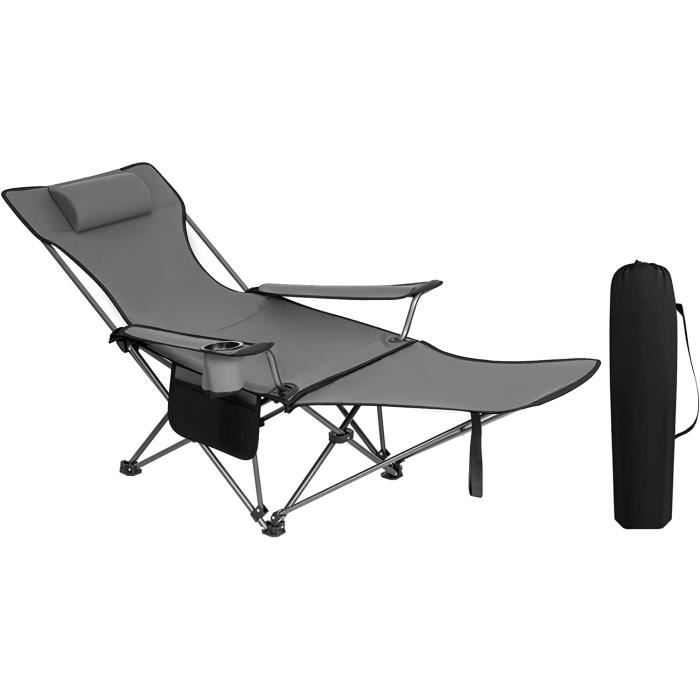 WOLTU Chaise de Campingavec Appui-tête Porte-gobelet Poche de Rangement Sac de Transport Charge 150 kg Gris CPS8148gr