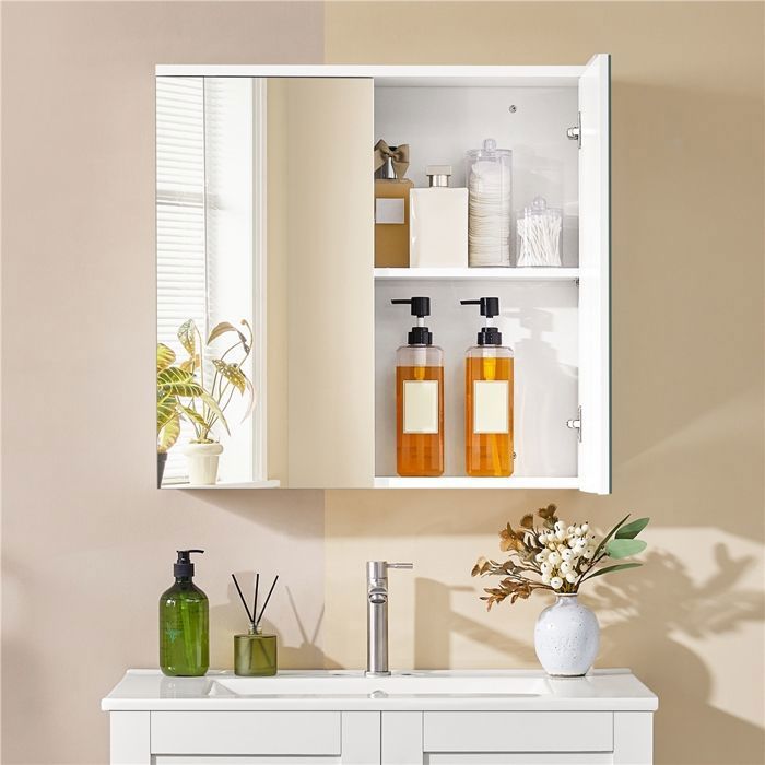 Armoire Murale Salle de Bain 2 Portes Miroir Rangement 2 Niveaux en Bois pour Buanderie Vestiaire 63x60x15 cm Blanc YAHEETECH