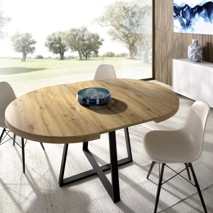 Table ronde extensible DUNA - 4 à 6 personnes - Décor chêne - L110 x ...