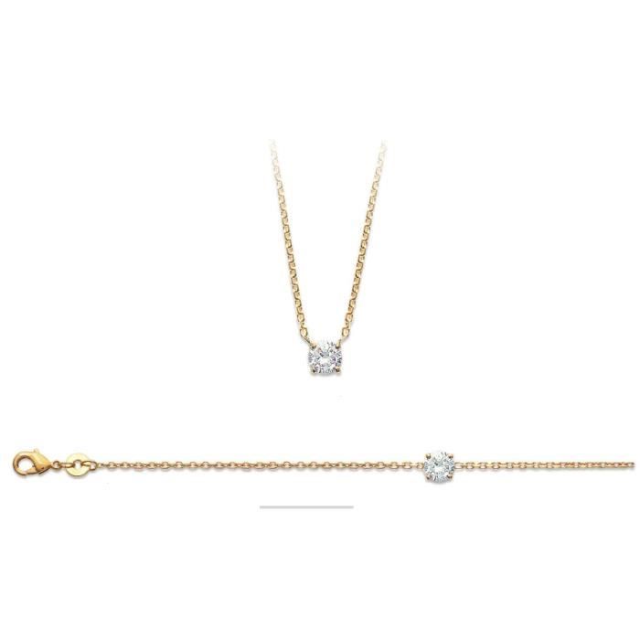 Collier Solitaire Plaqué Or 18 Carats Avec Cristal Oxyde De Zirconium - Marque Bijouxia - Neuf