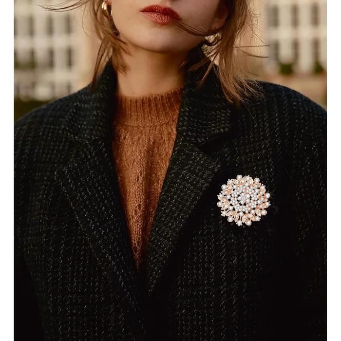 Grande Broche Vintage Fleur Or Et Cristaux, Bijou Fantaisie Femme, Très Bon état