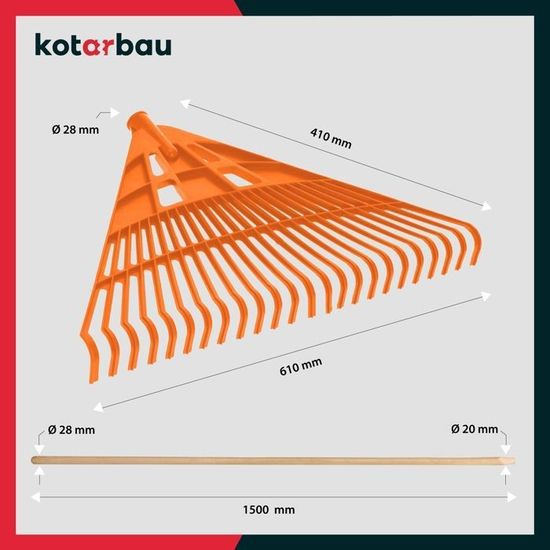 Râteau Robuste KOTARBAU 151cm 23 Dents - Râteau à Feuilles Jardin Avec Manche En Bois Orange