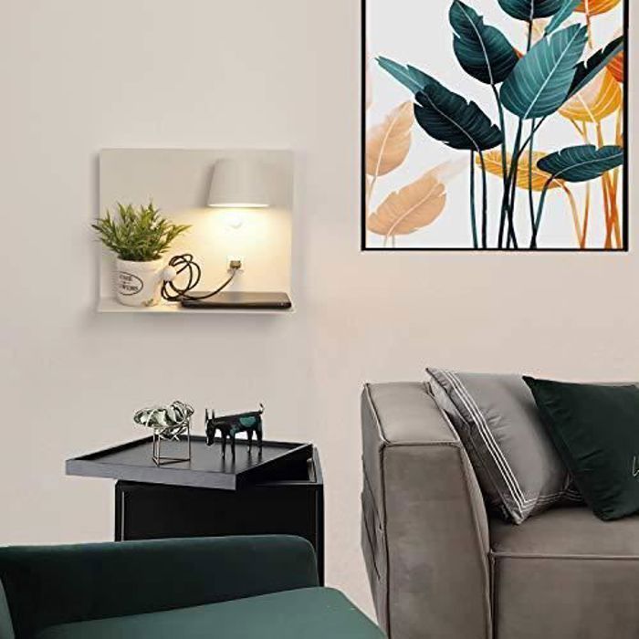 Applique Murale LED BASKOP - Lampe De Lecture Avec Ports USB/USB-C Et Étagère - Design Nordic 6W (Blanc/Noir/Gris)