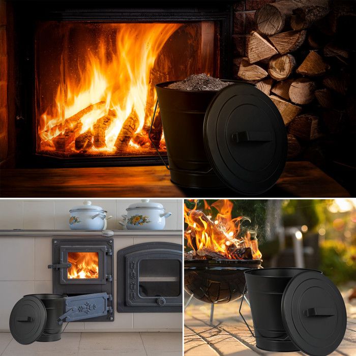 Seau à Cendres Relaxdays 4,5 L Avec Couvercle – Pelle + Balayette Inclus – Nettoyage Cheminée, Poêle, BBQ – Noir Mat Robuste