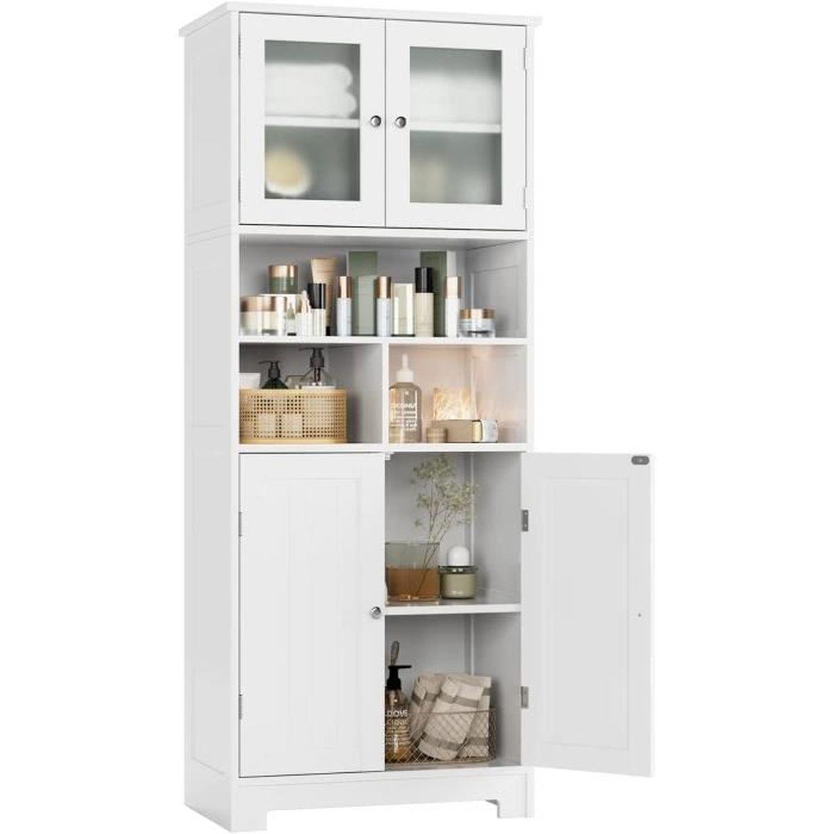 Armoire de salle de bain avec compartiment ouvert et 4 portes en bois