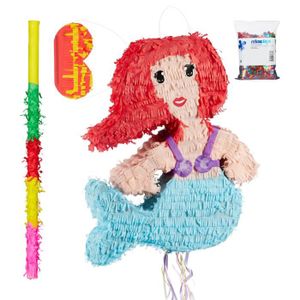 Piñata 4 tlg. Pinata Set Meerjungfrau, XXL Konfetti Sack 0,28 kg, Pinatastab & Augenmaske, Zugpinata, Pinatastock & Maske, bunt