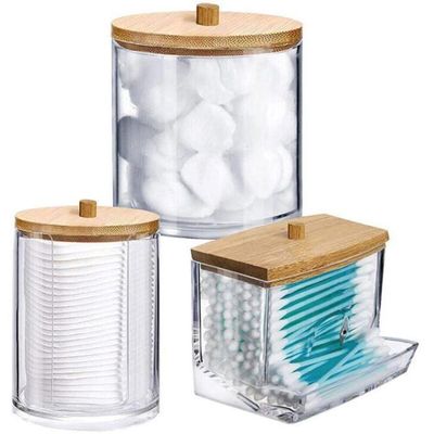 Boîte à Cotons Maquillage Relaxdays Avec Couvercle Bambou - Distributeur Moderne Blanc