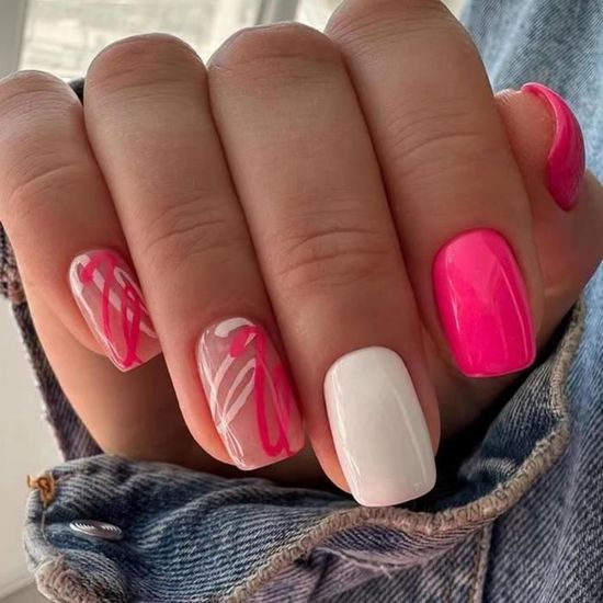 24 Pieces Faux Ongles Court Carre French Rose Blanc Graffiti Ongles A Presser 12 Tailles Acrylique Couverture Complete Gel n2460 Cdiscount Au quotidien