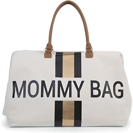 Sac à langer - CHILDHOME - Mommy Bag Large Blanc Cassé - Rayures dorées et noires - Toile
