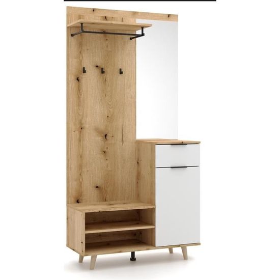 Vestiaire Entrée Blanc Chêne - 117x198x38 Cm - Avec Miroir Et Rangement - Style Moderne