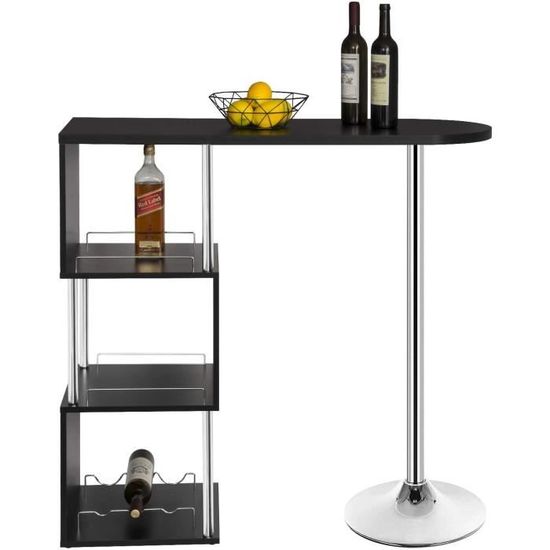 WOLTU 1 x Table de bar-bistrot en MDF et métal, Table de cuisine avec 3 tablettes et porte-bouteilles, 113x40x105cm Noir