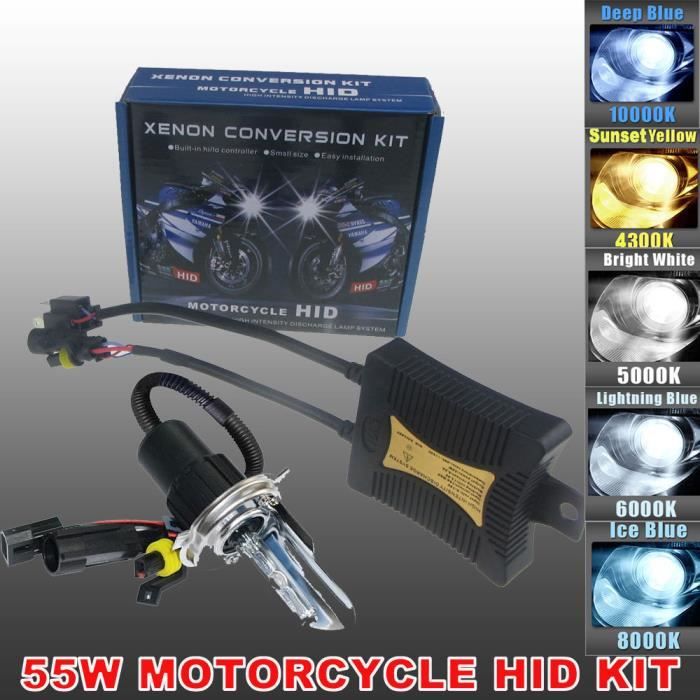 55W H4 H/L HID Bi-Xénon Ampoules Phares Lampe Kit à Décharge Headlight Lumière for Vélo moto moto Xenon Super White Blanc 10000K