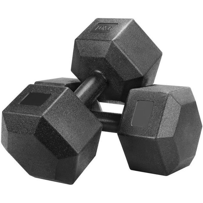Yaheetech Lot de 2 Haltères Hexagone Chaque 10 kg Paire d'haltères Dumbbell Musculation Fitness Homme et Femme en Fer et PVC Noir