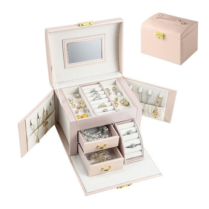 JANZDIYS Boîte à Bijoux-Avec Serrure à 3 Couches et Miroir-PU Cuir-Grande Capacité-Cadeau Féminin-Rose