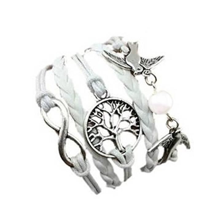 LCC® Bracelet femme/homme Blanc tissé à la main similicuir cordon argent artisanal Infini arbre de vie colombe perle one direction