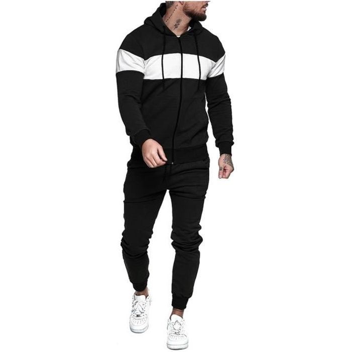 Hommes Automne Épissage Zipper Imprimer Sweat Top Pantalons Ensembles Survêtement Sport Suit Noir