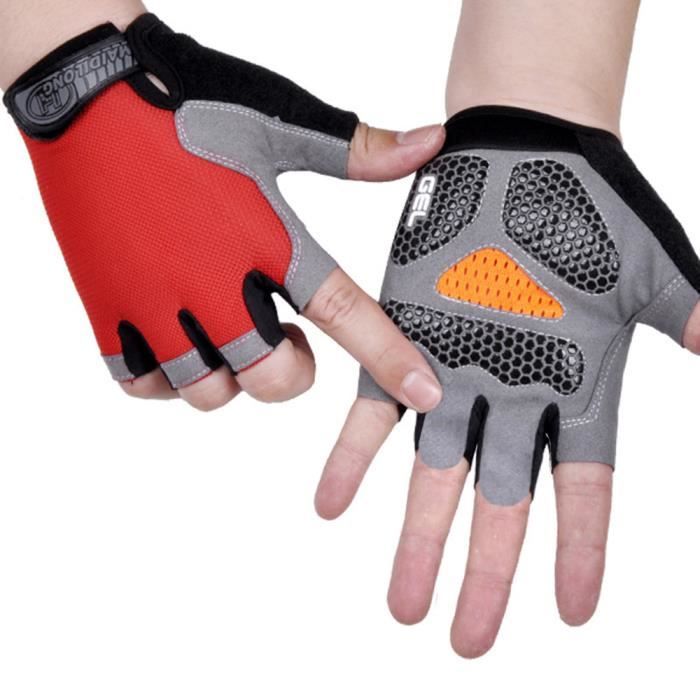 Gants Cyclisme de Vélo Eté Demi Doigt Gant Réfléchissant Gel Bicyclette Gants Courts Homme et Femme pour VTT Randonnée Moto-Rouge