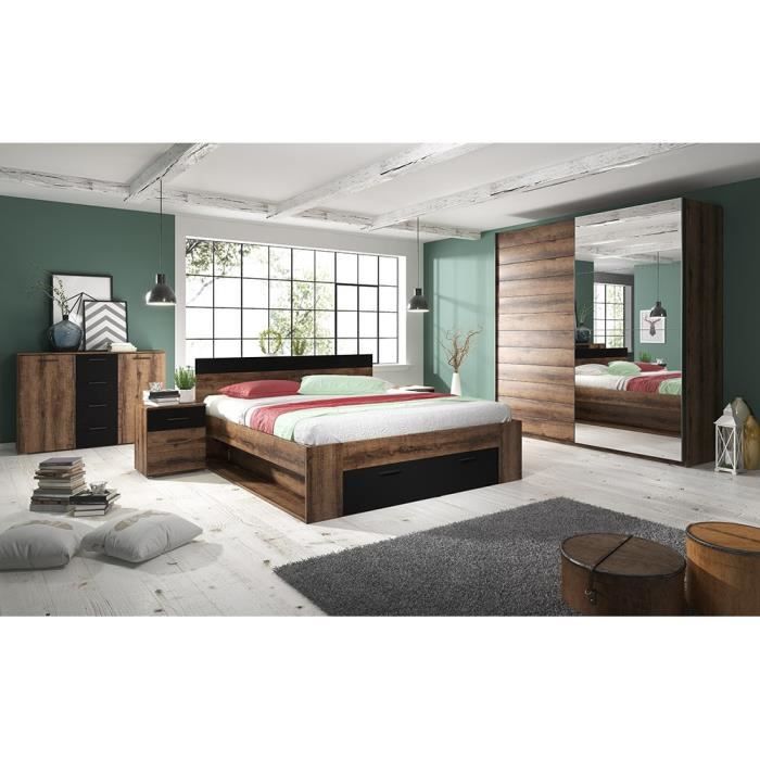 Chambre à coucher EOS : Armoire, Lit 160x200, commodes, chevets. Couleur chêne foncé et noir 200 Marron