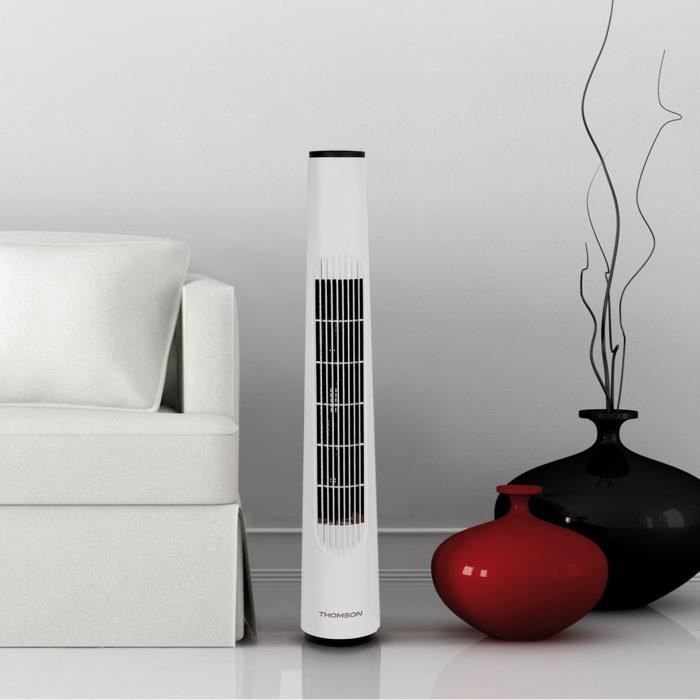 THOMSON Ventilateur colonne - hauteur 80 cm - 3 vitesses - Oscillant sur angle - Rangement du câble dans la base - Blanc