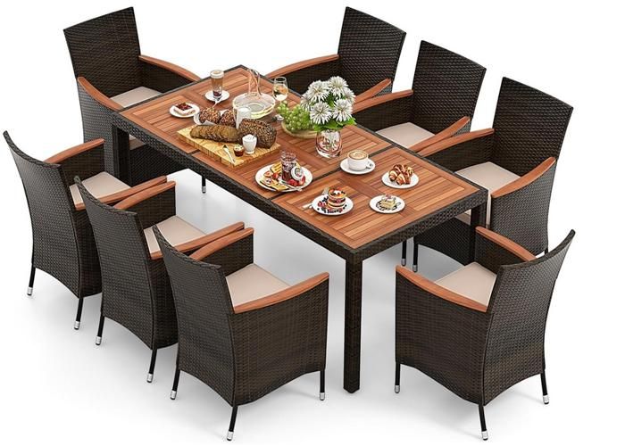 GIANTEX Ensemble Salon de Jardin en Rotin- 8 Chaises Empilables avec Coussin + Table à Manger en Bois avec Trou de parasol- 9 Pcs GIANTEX Ensemble Salon de Jardin en Rotin- 8 Chaises Empilables avec Coussin + Table à Manger en Bois avec Trou de parasol- 9 Pcs