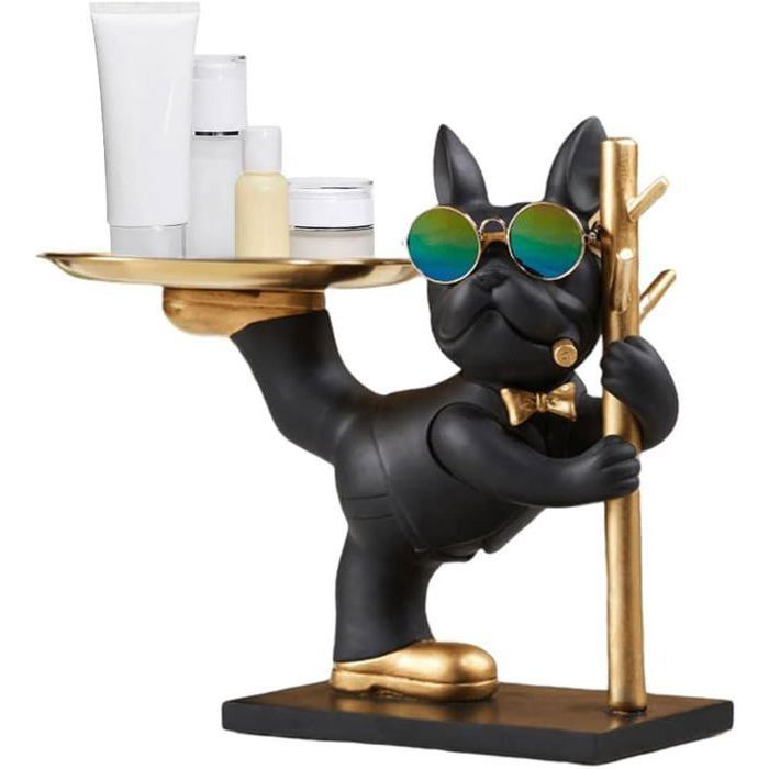 Sculpture Bouledogue Français En Résine - Avec Plateau Pour Ranger Bijoux, 22x22x23 Cm