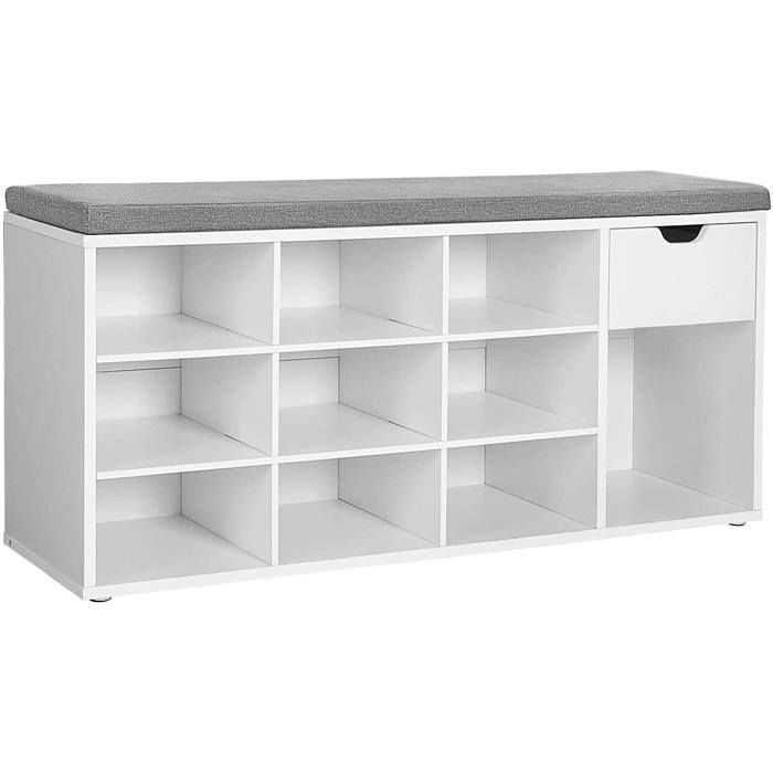 Madame Meuble I Meuble à chaussures - Banquette avec tiroir - Blanc / Gris - 104 x 30 x 48 cm