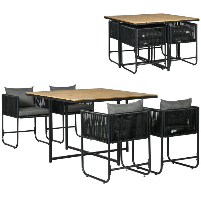 Salon Jardin 6 Places TecTake - Table Bar + 6 Chaises Encastrables, Résine Tressée, Coussins