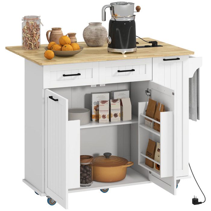 Îlot central cuisine mobile - HOMCOM - prise de courant et port USB tablette à abattant étagère réglable - blanc