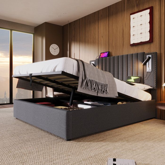 Lit coffre double 160x200 cm en coton avec rangement et fonction de charge USB tête de lit lit adulte avec sommier à lattes gris
