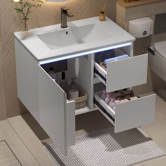 Meuble de salle de bain suspendus 76x46x50cm - Vasque intégré - Éclairage LED - 2 tiroirs - Blanc(robinet non inclus) Meuble de salle de bain suspendus 76x46x50cm - Vasque intégré - Éclairage LED - 2 tiroirs - Blanc(robinet non inclus)