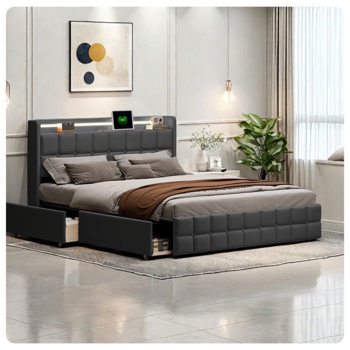 Lit coffre - Lit Double 160x200 - 4 tiroirs - LED intégrée & USB - Structure métal et tissu lin gris