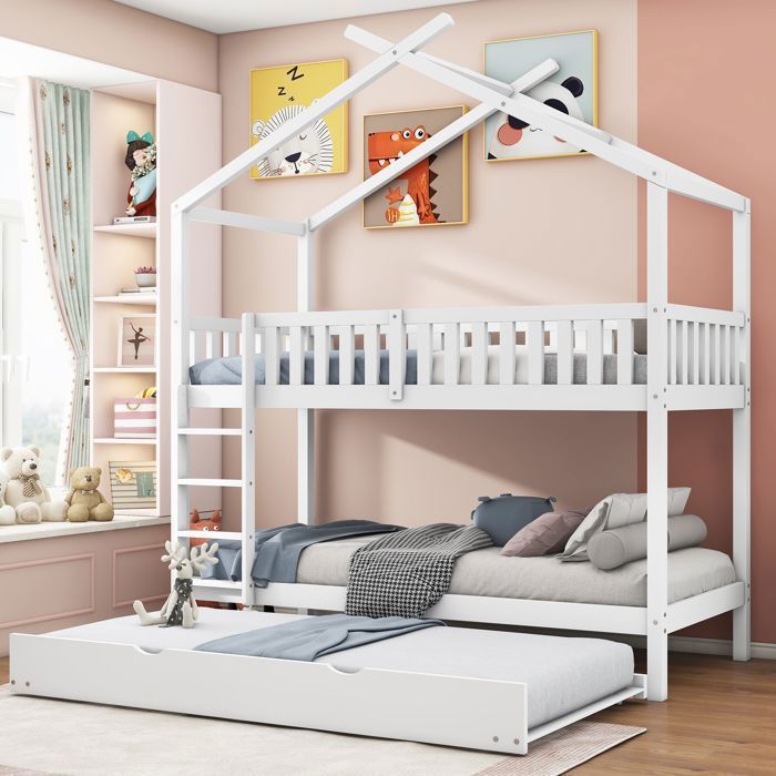 Lits Superposés 90x200 cm - Design Cabane Maison - lit Superposé Enfant - Avec Lit Gigogne 3 Places - Pin Massif - Blanc