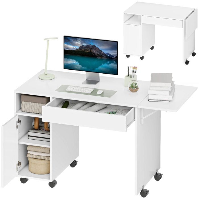 Bureau dordinateur - HOMCOM - sur roulettes - abattant tiroir placard et compartiment - panneau de particules - 130x58cm - blanc
