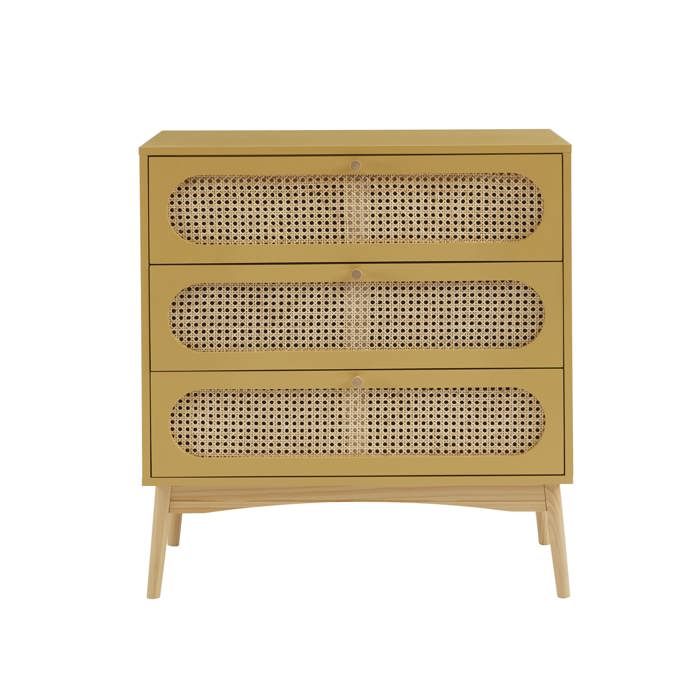 Commode SIXTINE jaune safran et cannage rotin 3 tiroirs Commode SIXTINE jaune safran et cannage rotin 3 tiroirs