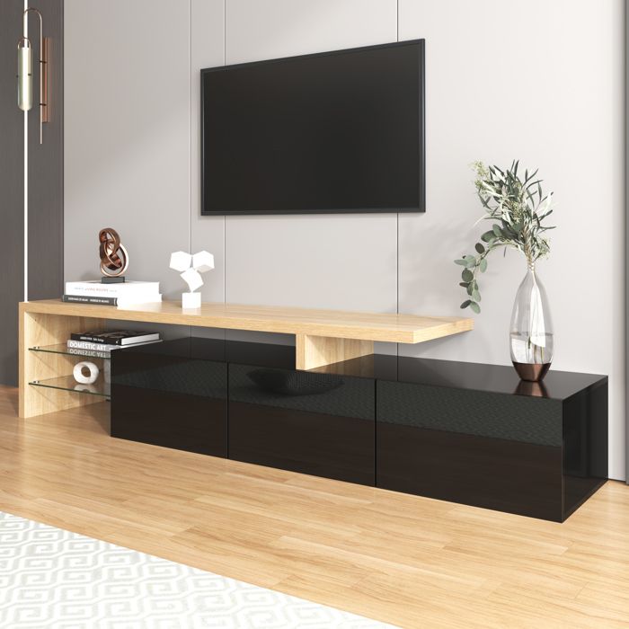 Design moderne de larmoire TV : élégance stylée espace de rangement pratique noir brillant aspect bois étagères en verre éclai
