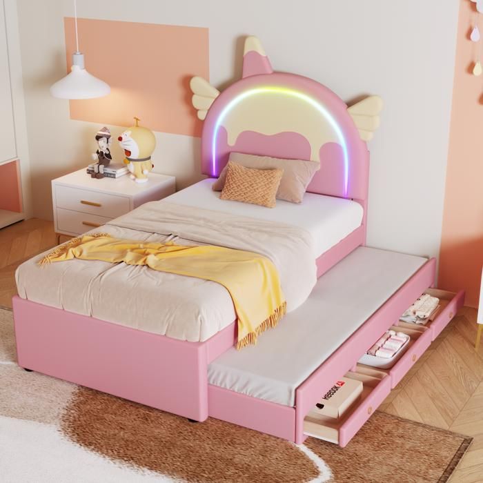 Lit gigogne enfant - SOGEU - Licorne - 90 x 200 cm - PU rose - Tiroirs escamotables