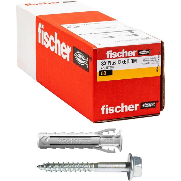 Chevilles - FISCHER - SX Plus BM 12 x 60 mm - Nylon - Pour béton et brique - Pack 50 (vis hexagonales) Chevilles - FISCHER - SX Plus BM 12 x 60 mm - Nylon - Pour béton et brique - Pack 50 (vis hexagonales)