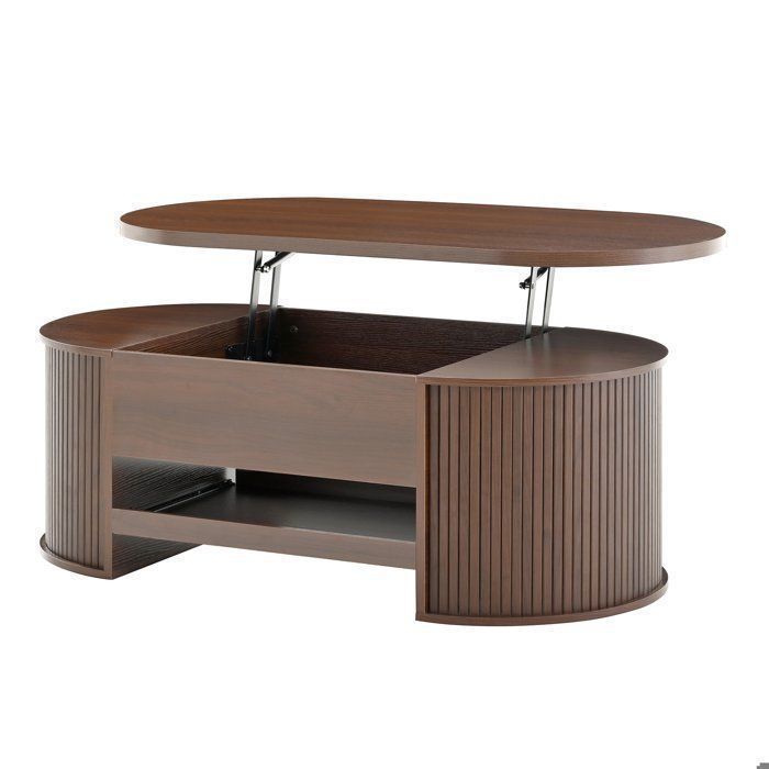 Table basse relevable en MDF aspect noyer naturel – design moderne à lamelles courbes et grand rangement