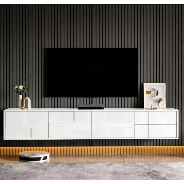 Meuble TV moderne blanc 170 cm - avec 3 portes et 2 tiroirs - avec despace de rangement - pour salon