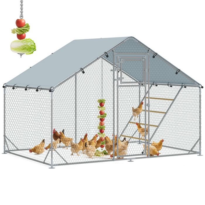Enclos poulailler - PawHut - 6 m² perchoir et mangeoire - double porte et bâche anti-UV- acier galvanisé - 300x200x195cm - argent
