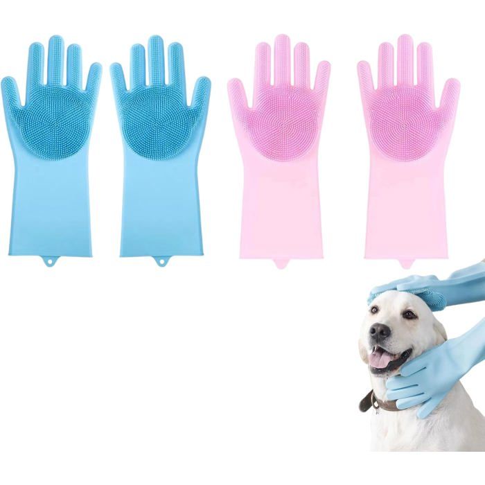 Lot de 2 gants de lavage pour chiens - Gants de toilettage en silicone bleus et roses pour laver nettoyer et masser les animaux